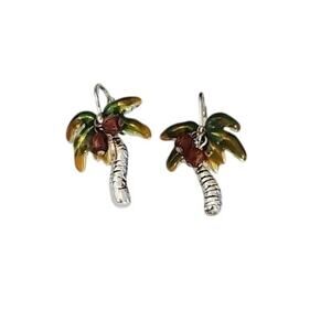 Silvertone And Enamel Palm Trees With Dangling Brown Coconut Bead Earrings